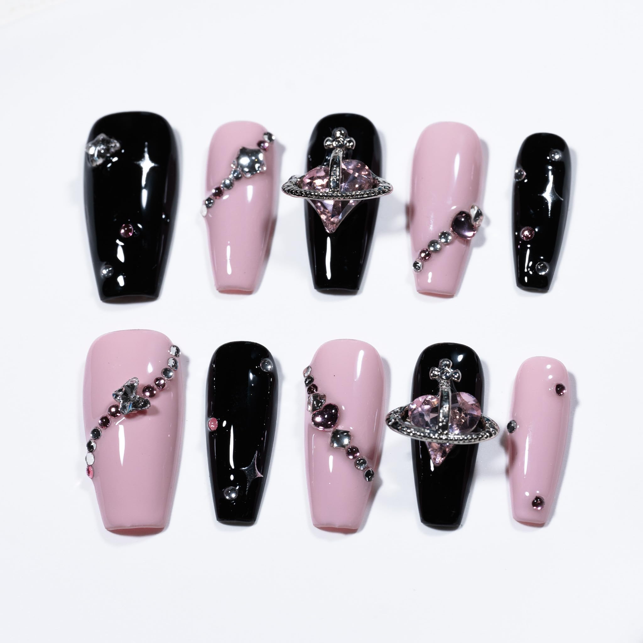 Sun&Beam Nails Handmade Press On Nail Long Coffin Ballerina Pink Flower Acrylic Fake Tip 3D Design Art Charms Cute with Storage Box 10 Pcs (S) — view 308