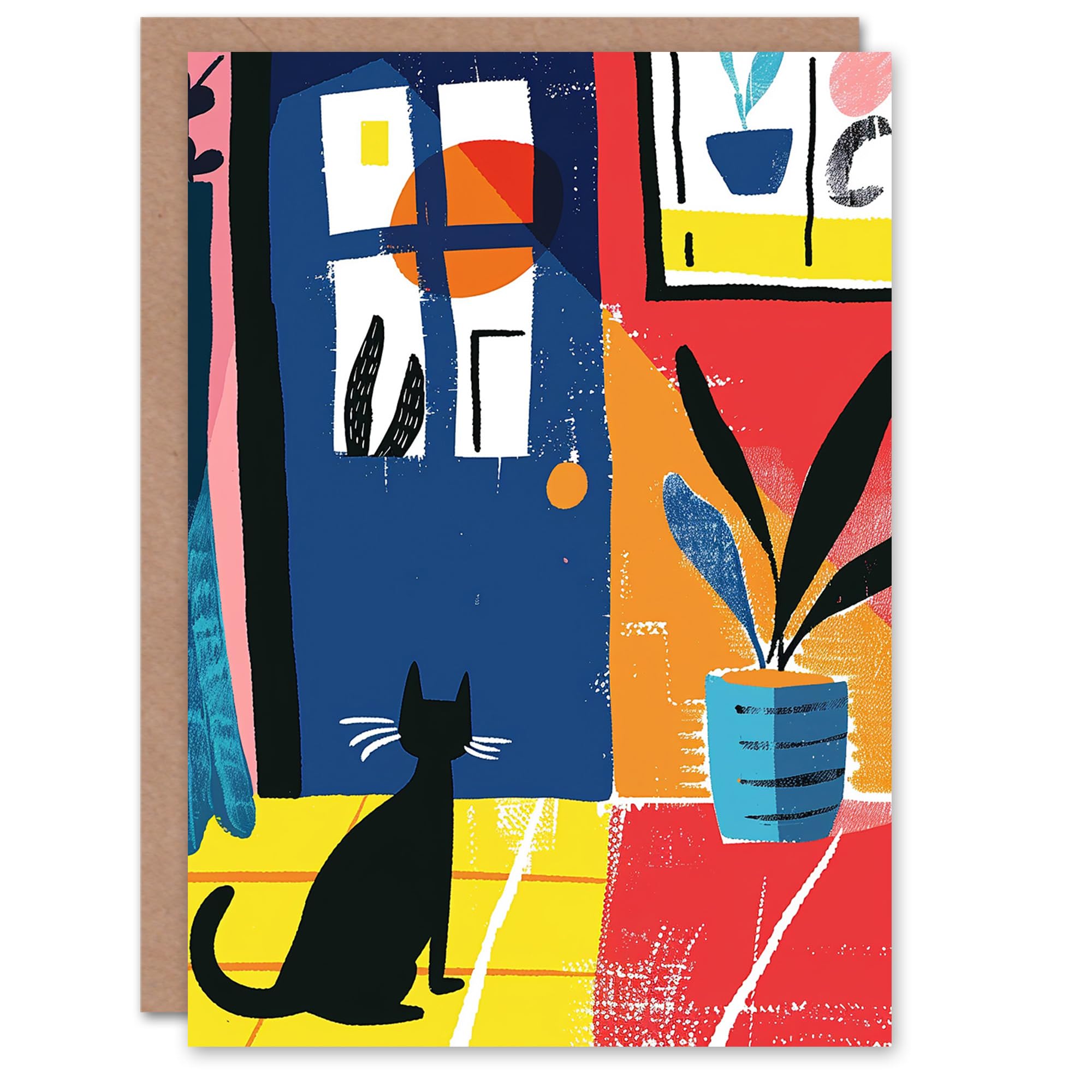 Artery8 Birthday Card Black Cat Lover Pet Waiting By Door Fun Painting Blank Arty Art All Occasion Greeting Card