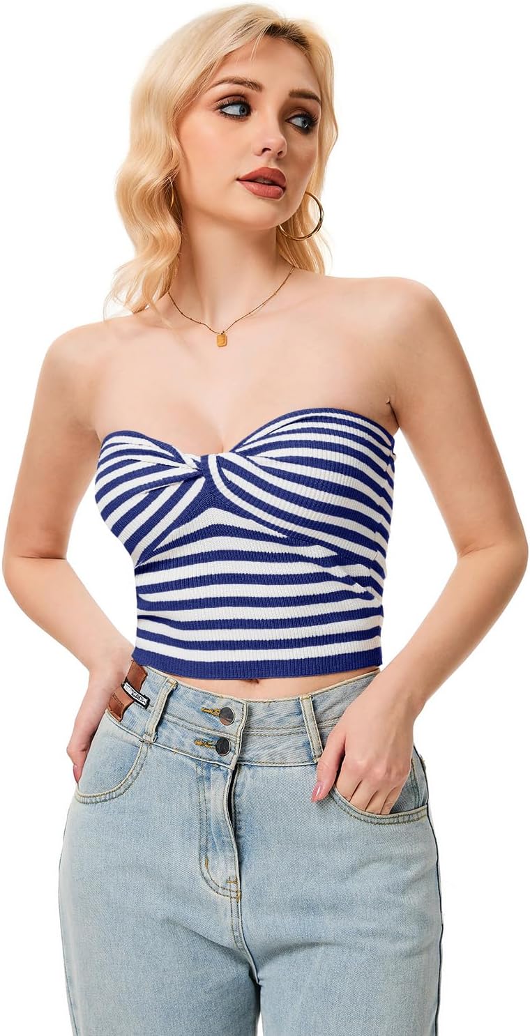 Womens Tube Tops Twist Knot Summer Strapless Y2K Crop Top Ribbed Knit Vacation Outfits - Image 2