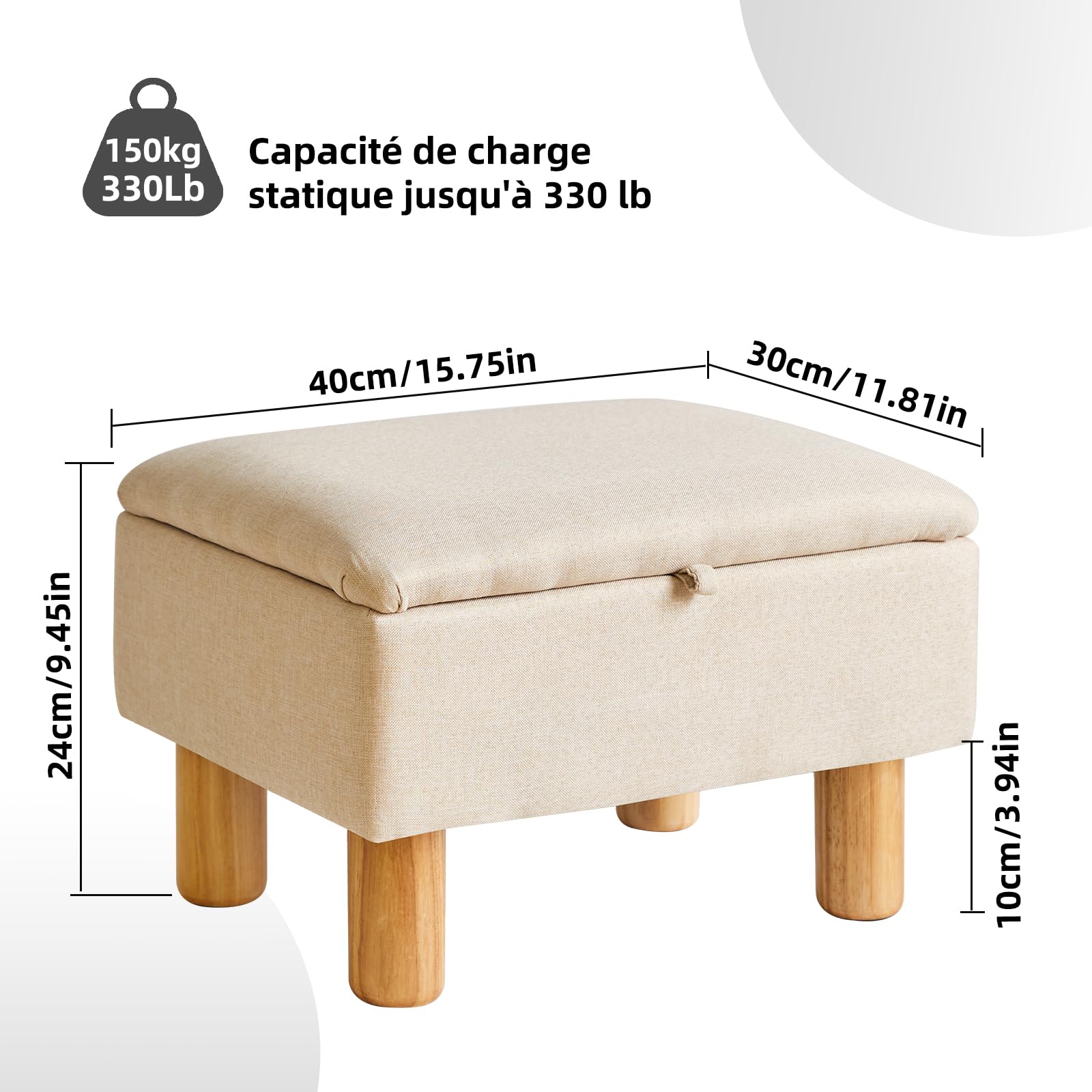 Aibiju Repose-Pieds avec Rangement, Petit Repose-Pieds Ottoman, Repose-Pieds en Tissu avec Pieds en Bois pour Salon, Chambre à Coucher, entrée, Beige, YD-JD1361