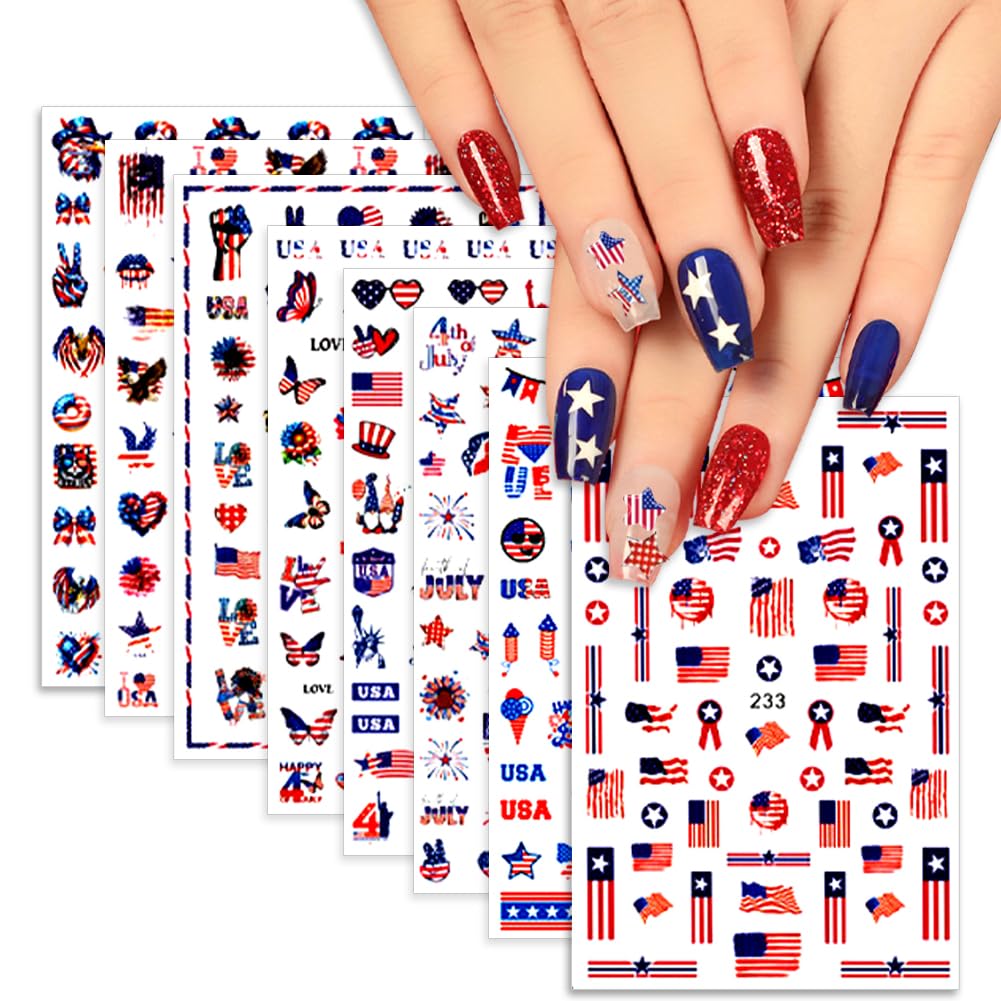 4th of July Nail Stickers - Patriotic Nail Decals Nail Art，3D Self-Adhesive Nail Art Manicure Holiday Nail Stickers for Women (8 Sheets)