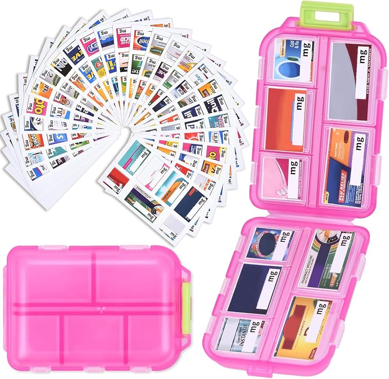 Travel Pill Box with 189 Medicine Labels, 10 Compartments Travel Medicine Organizer Medicine Pill Organizer Mini Travel Essentials Pill Organizer with Stickers (Pink, 1 Pack)