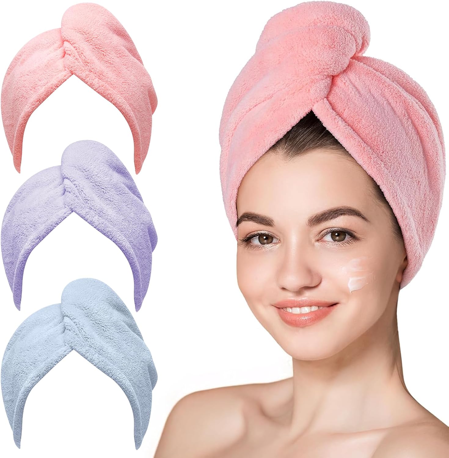  Microfiber Hair Towel Wrap for Women, Pink Blue Purple, 3-Pack