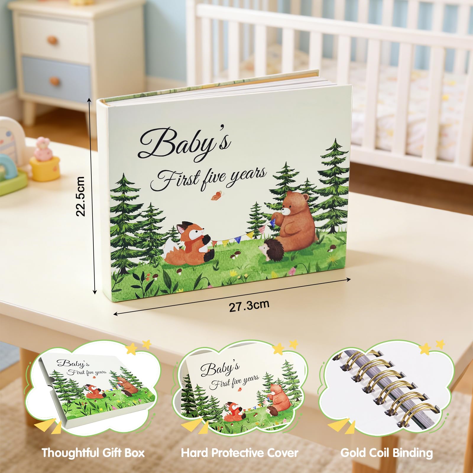 Keepsake Baby Memory Book for Boy or Girl, Timeless Baby’s Journal, Milestone Book to Record from Newborn to Age 5, Woodland Newborn Gender Neutral Baby Gift Scrapbook, Photo Album - 2