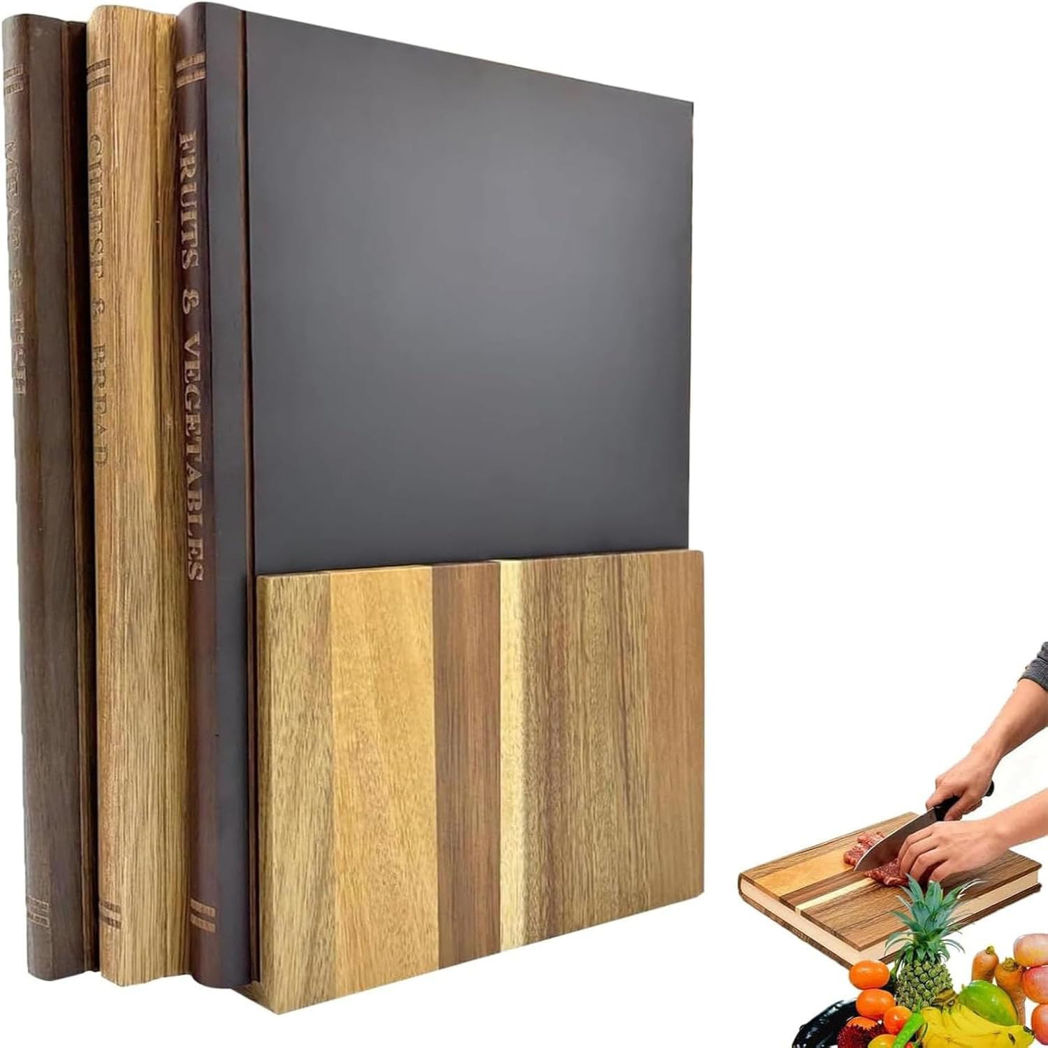 Book Cutting Board Set of 3 With Stand, Solid Acacia Cutting Boards That Look Like Books, Decorative Cutting Board Book Set for Kitchen, Labeled Fruits, Vegetables, Meat, Cheese and Bread