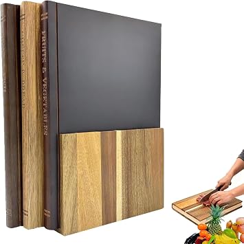 Book Cutting Board Set of 3 With Stand, Solid Acacia Cutting Boards That Look Like Books, Decorative Cutting Board Book Set for Kitchen, Labeled Fruits, Vegetables, Meat, Cheese and Bread