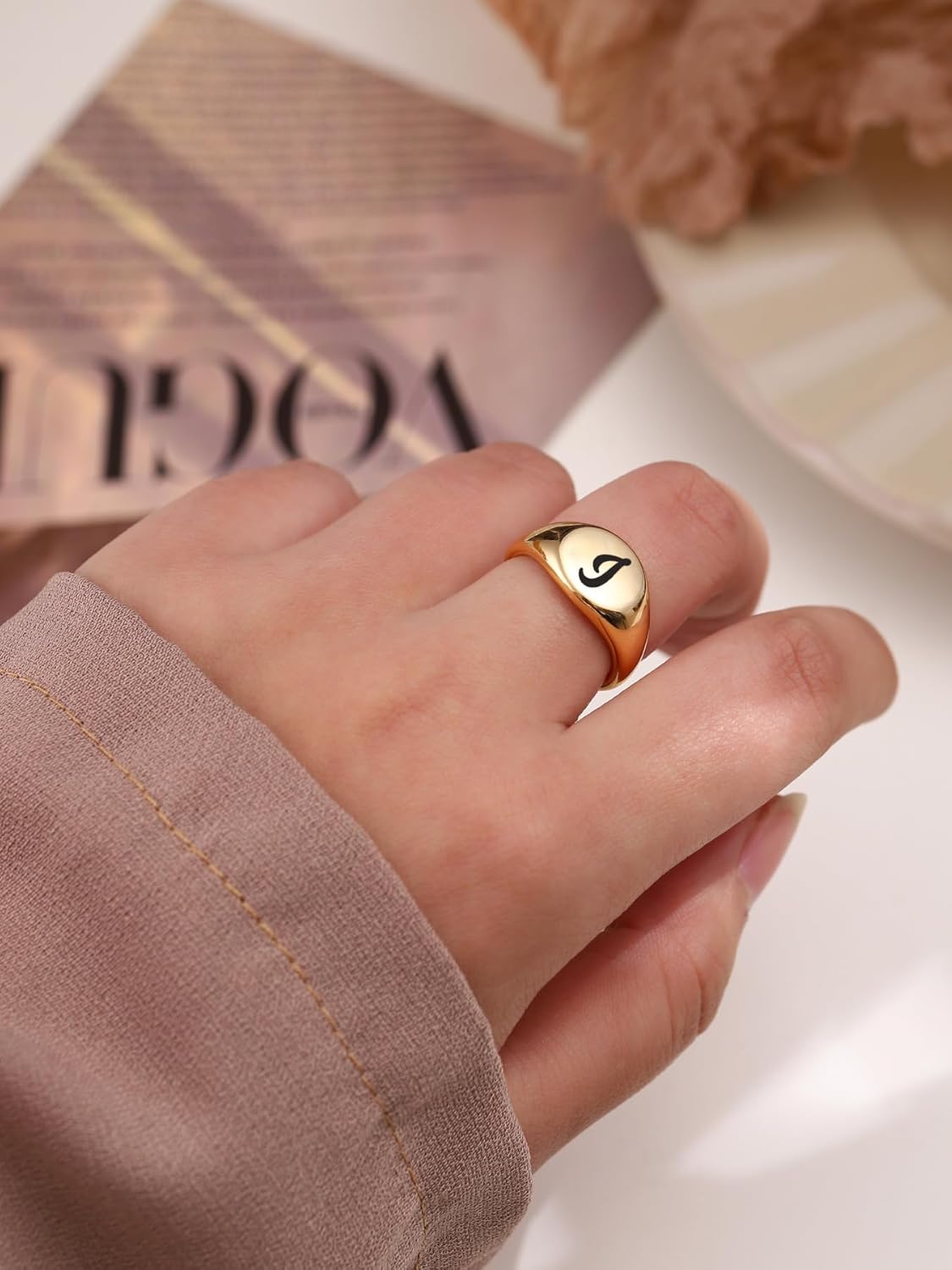 Initial Ring 14K Gold Plated Initial Rings for Women Chunky Gold Rings Adjustable Letter Ring Stackable Signet Chunky Rings Alphabet Letter Rings - Image 2