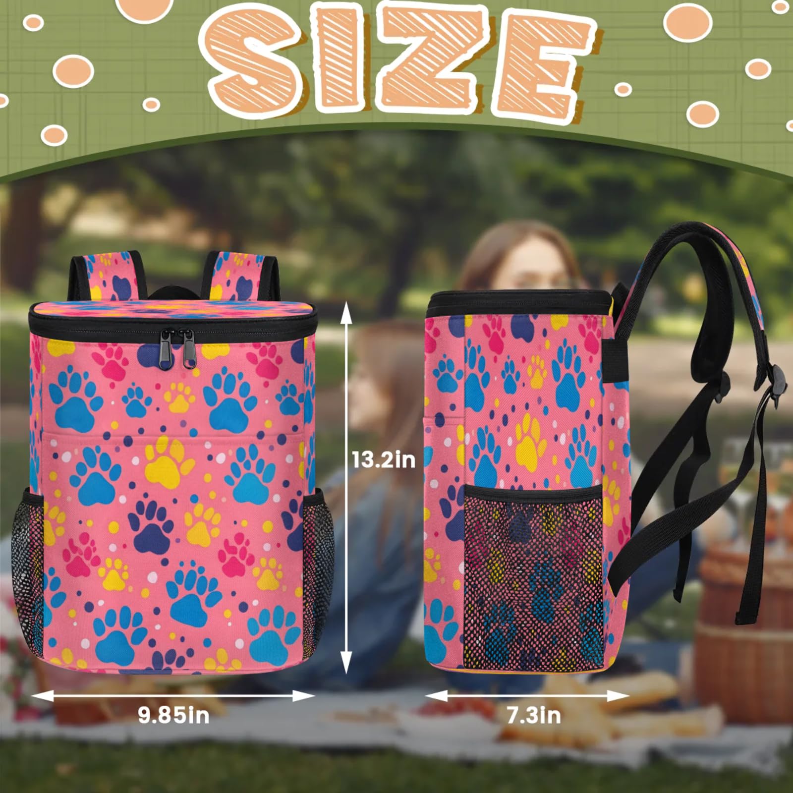 CNNINGYI Large Waterproof Insulated Cooler Backpack, Dog Pet Paw Print Leak Proof Backpack 30 Cans, Paw Print Colorful Lightweight Cooler Bag for Travel Camping Beach Lunch