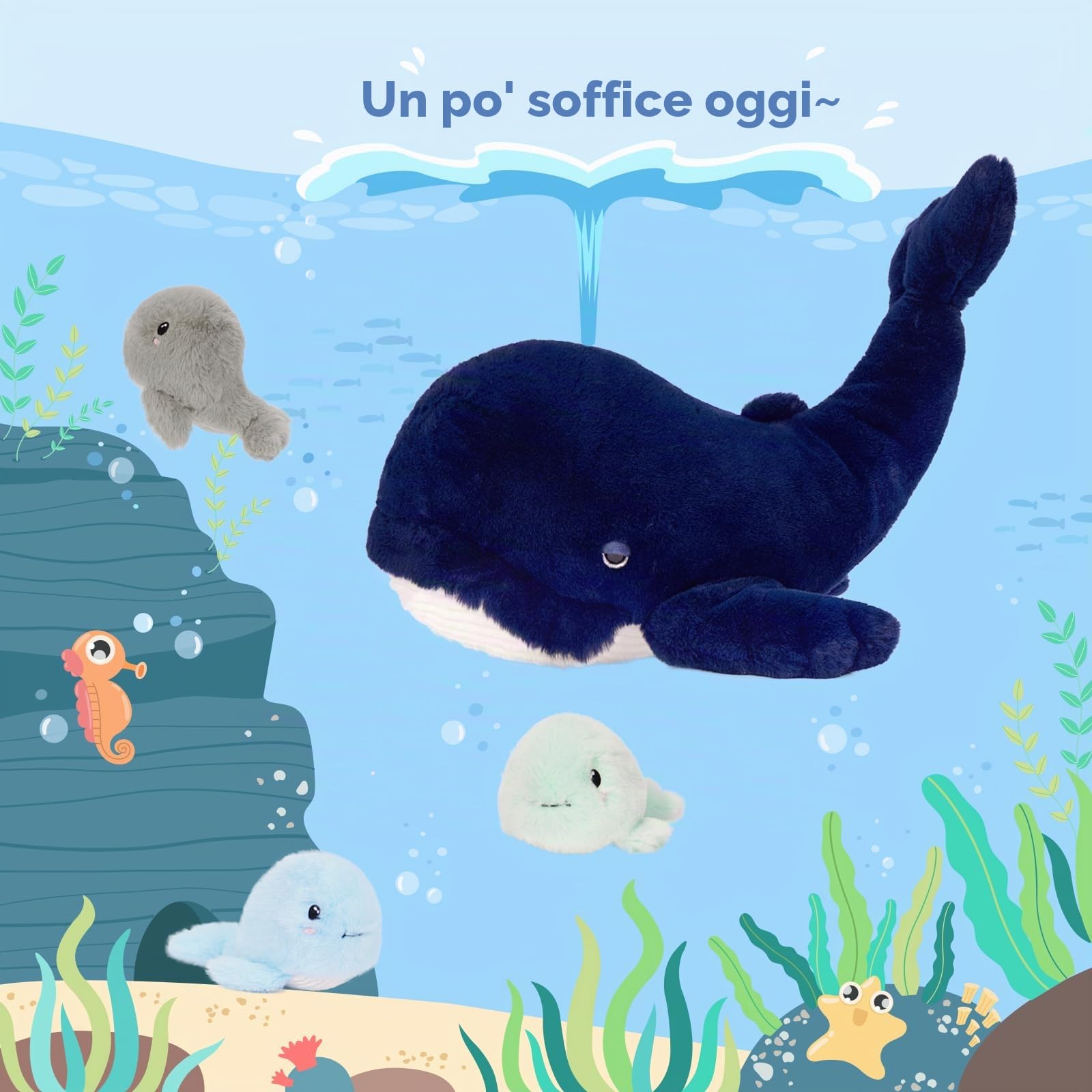 MorisMos Balena Peluche 50cm, Blu scuro Balena Mamma con 3 Cuccioli, Grande Realistico Morbido Dolce Giocattolo di Peluche Regalo per Bambini Compleanno Natale Deco