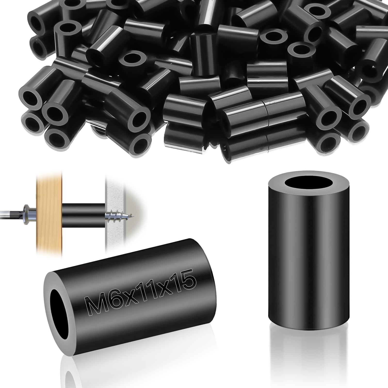 mawmuaw Nylon Spacers ABS Round Washers 50 Pcs Plastic Spacers M6 Non Threaded Insulation Column Standoff Support Washers 11x15 mm Black for M6 Screws โ image 1