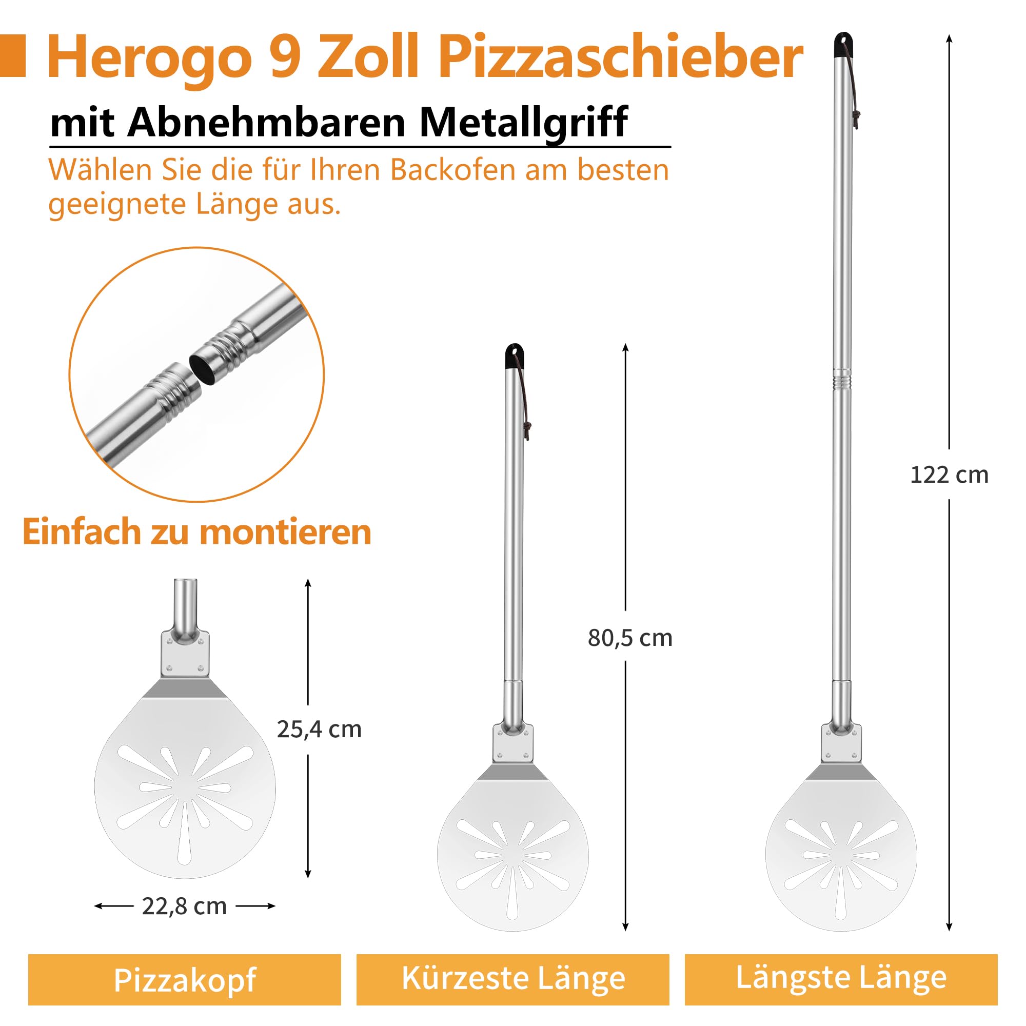 Herogo Pala per pizza in acciaio inox perforata da 9 pollici, pala rotonda in metallo, con manico lungo rimovibile in metallo per una facile scorrevolezza, facile da pulire e conservare, 22,8 x 25,4 x
