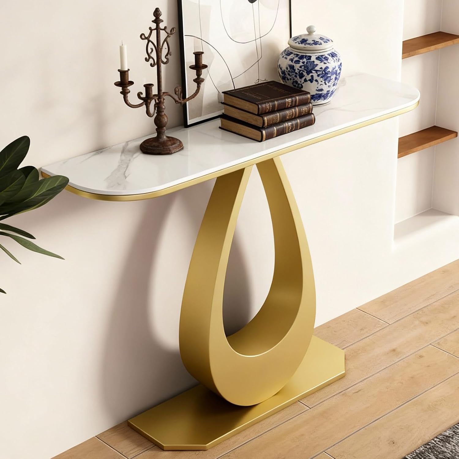 Stone Slab Console Tables for Entryway, 47.2 in Behind Sofa Table Narrow Modern Small Marble Decor Entryway Tables Metal Couch Table for Living Room, Foyer, Office(Gold,31.5"x11.8"x31.5")