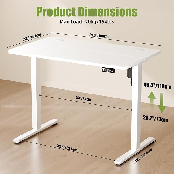 ERGOMAKER Electric Standing Desk 100x60cm, 2 Memory Presets, White | Height Adjustable desk 73-118cm, Supports 70kg, 2 Hooks, smart Panel with Safety Lock, Splice Board, for Home Office Gaming