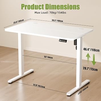 ERGOMAKER Electric Standing Desk 100x60cm, 2 Memory Presets, White | Height Adjustable desk 73-118cm, Supports 70kg, 2 Hooks, smart Panel with Safety Lock, Splice Board, for Home Office Gaming