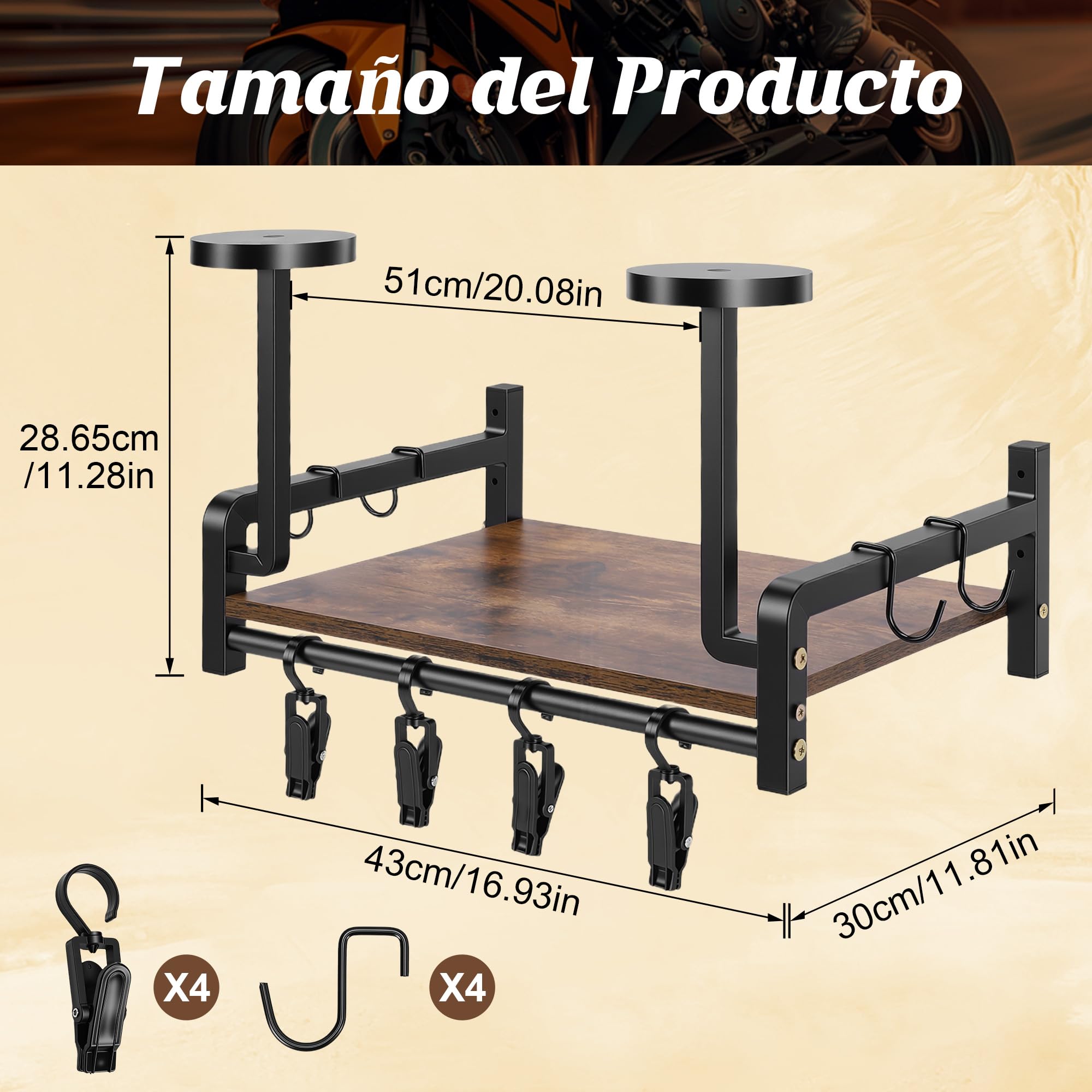 Soporte para Casco de Motocicleta, Soporte de Pared, Estante de Exhibición Rústico para Casco con Ganchos, Estante de Almacenamiento, Abrazadera para para Almacenamiento de (color nuez)