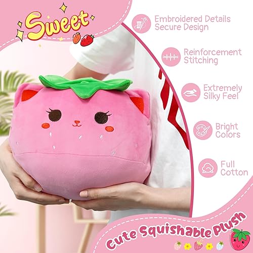 Miniatura 6 de Almohada de felpa con diseño de gato de fresa de 12 pulgadas, lindo animal de peluche de gato rosa, juguete de peluche suave para niños, niñas y