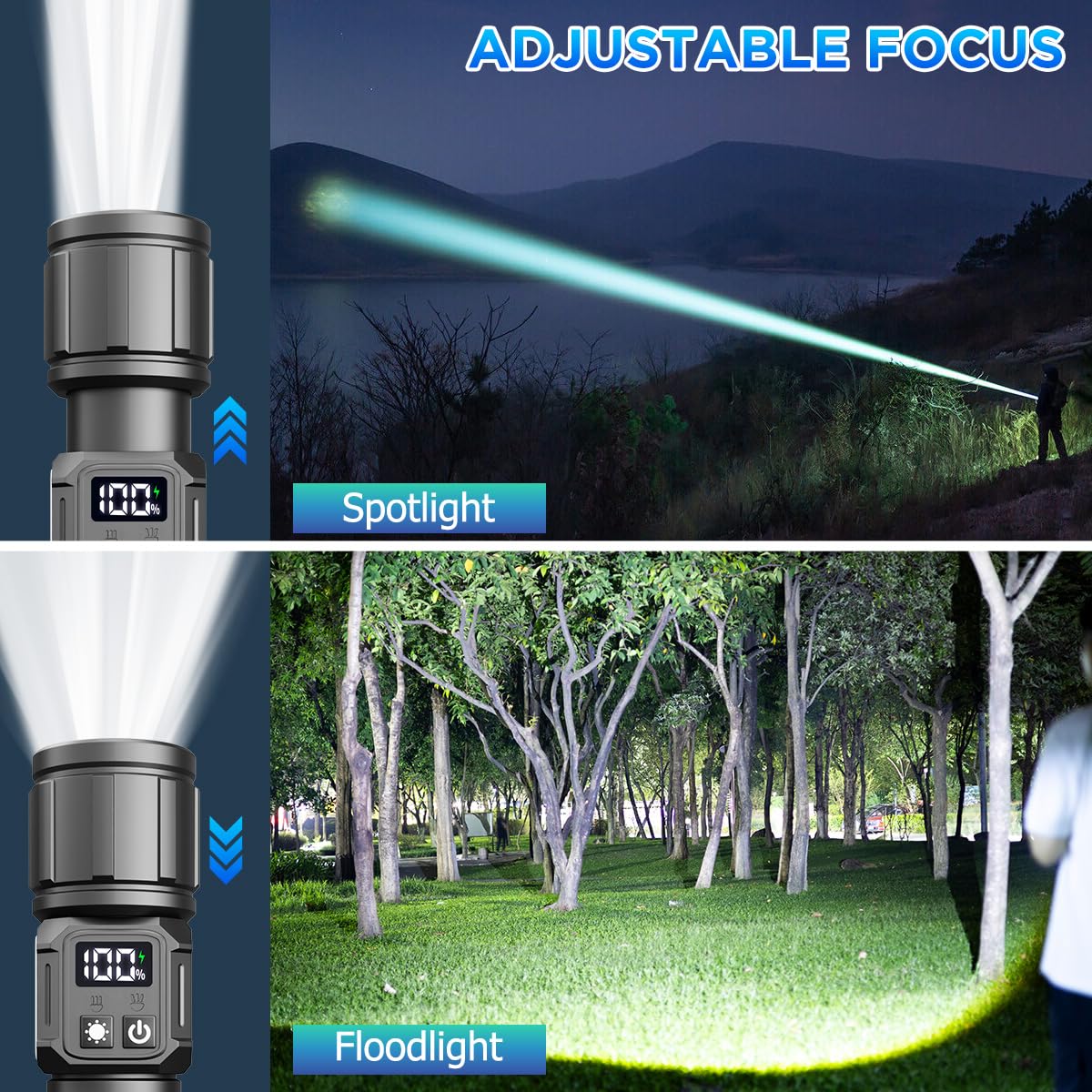 Lampe de poche LED rechargeable par USB - Extrêmement lumineuse - 10 000 lumens - Lampe de poche étanche avec 5 modes - Pour le camping, l'intérieur et l'extérieur