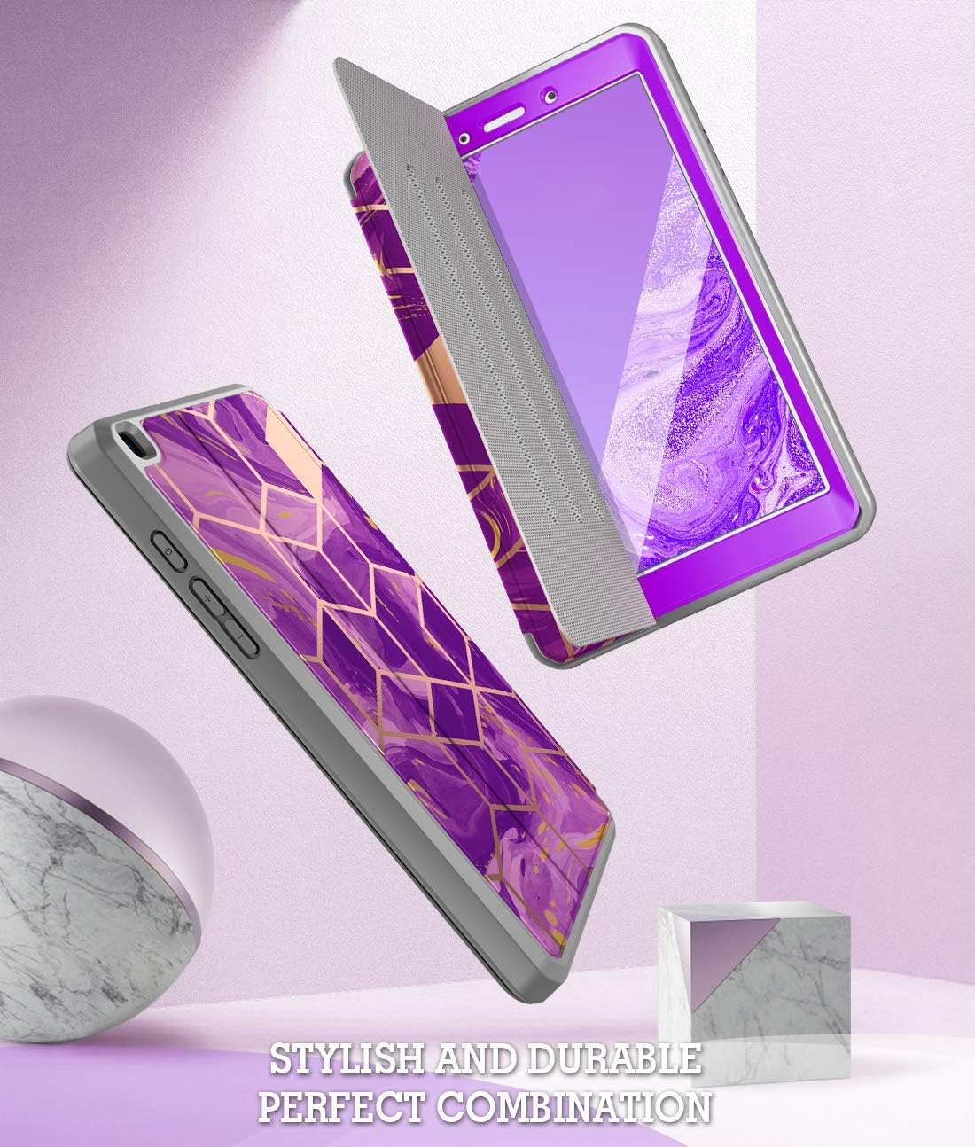 Popshine Marble Series Designed for Samsung Galaxy Tab A 8.0 2019 Case, Model SM-T290/SM-T295, Full Body Premium 360 Degree Protective Folio Cover with Built-in Screen Protector, Liquid Marble Purple