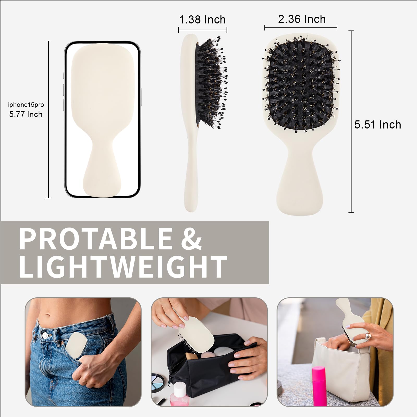 Mini cepillo de pelo de cerdas de jabalí, tamaño de viaje, para mujeres, hombres y niños, cepillo de pelo pequeño portátil para bolsillos, mini cepillo desenredante para añadir brillo suave