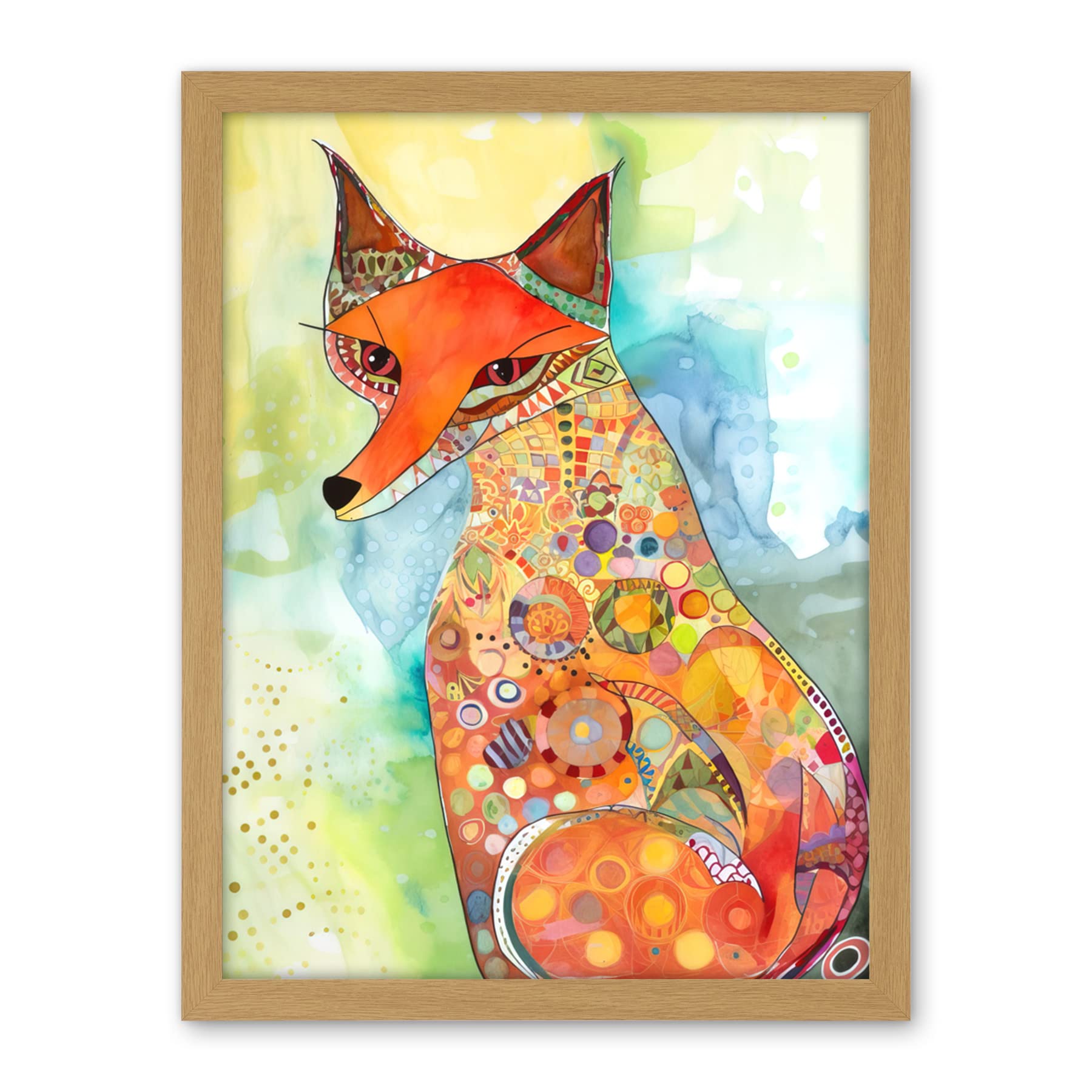 Artery8 Sitting Fox Folk Art Watercolour Painting Artwork Framed Wall Art Print 18X24 Inch