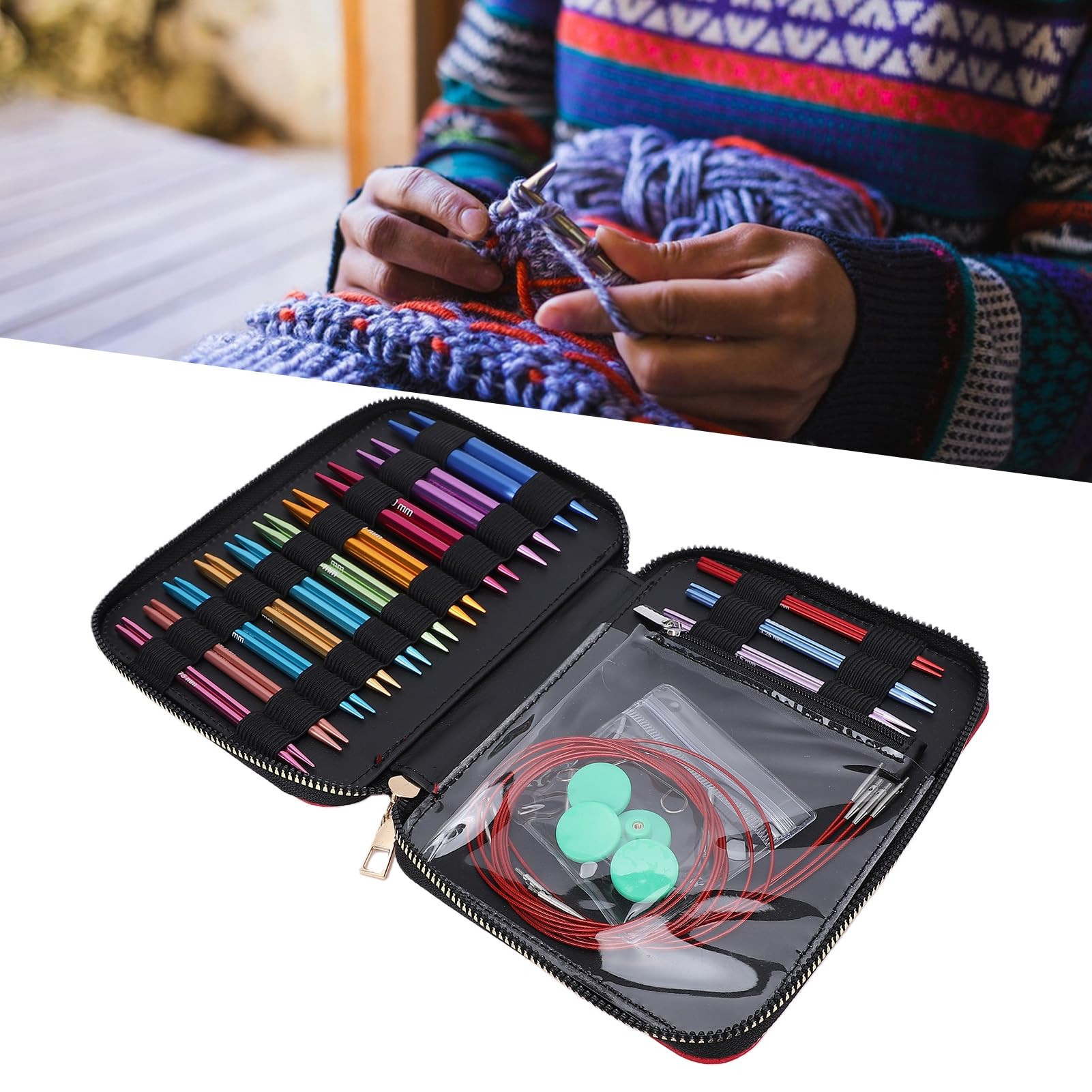 banapoy Juego de Agujas de Tejer Circulares Intercambiables, 13 Pares de Agujas y Cables de Tejer de Aluminio de Colores con Conexión Roscada Segura, Herramientas de Circulares para Manualidades