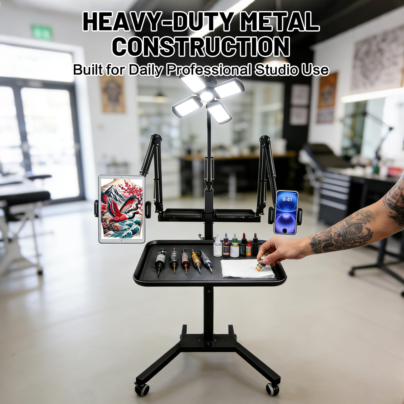 GBK Tattoowagen mit LED-Licht, höhenverstellbarer mobiler Tattoo Tisch mit Tablet- & Handyhalter