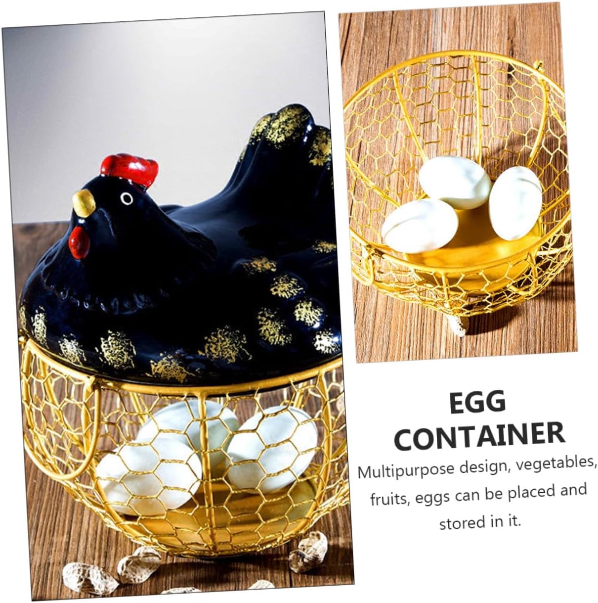 Uonlytech Iron Art Egg Basket with Chicken Lid Black and Gold Metal Wire Egg Holder for Kitchen Storage Suitable for Countertop and Pantry Organization
