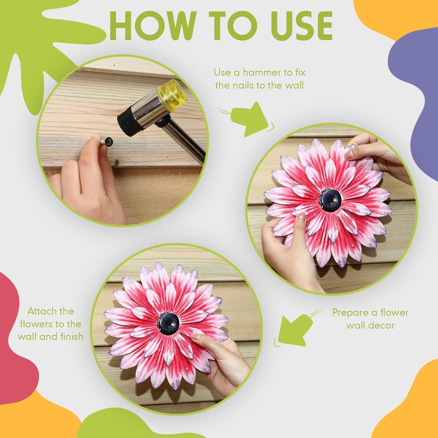 Zhehao 9 Pcs 8 Inch Metal Flower Wall Art Hanging 3D Daisy Decor Metal Flowers Outdoor Decor Multicolored Layered Floral Sunflower Wall Decorations for Indoor Home Room Office Garden Porch Patio