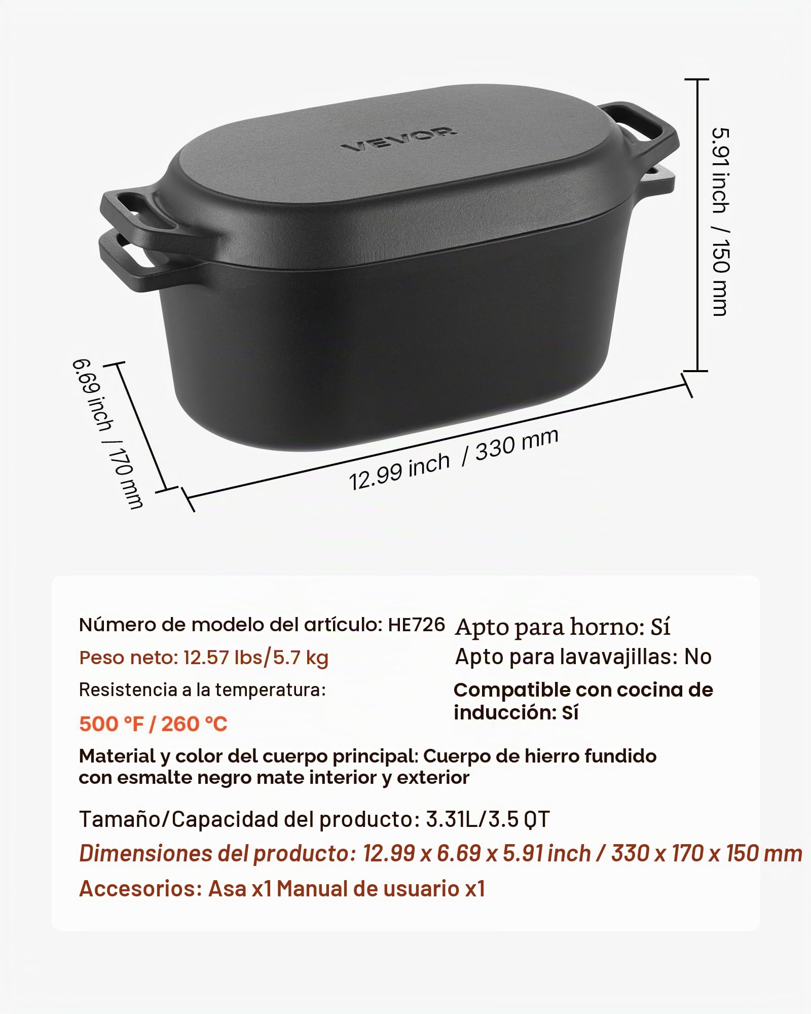 VEVOR Horno Holandés de Hierro Fundido Esmaltado de 3,31 L, para Hornear Pan de Masa Madre, Olla Robusta con Tapa y Asas, hasta 260 °C, para Guisos, Cocinar y Freír, Negro, 330 x 170 x 150 mm