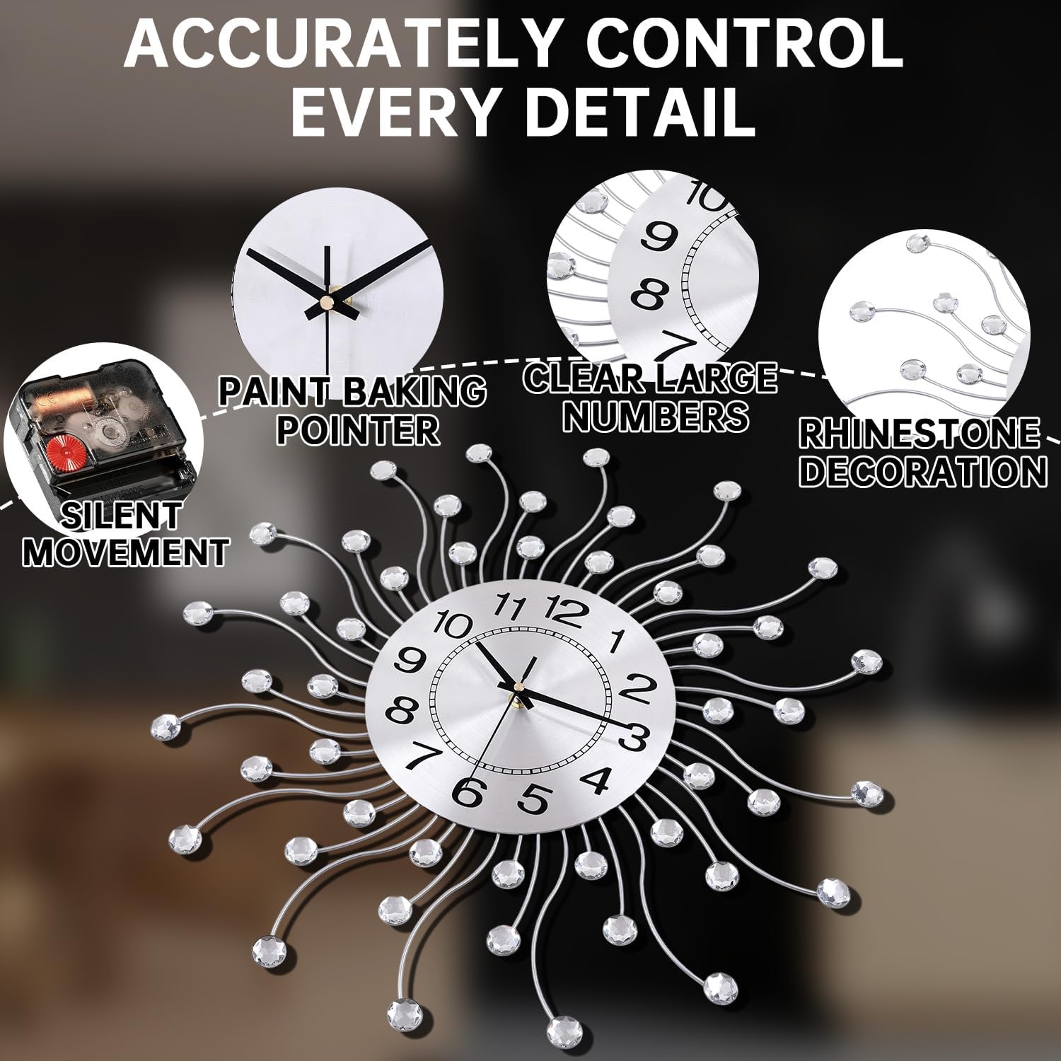 Large Wall Clock for Living Room Decor,Quiet Metal Quartz Clocks Modern Dial Bling Big Crystal Wall Clocks for Home Kitchen Bedroom Indoor Decorative / 20 Inch