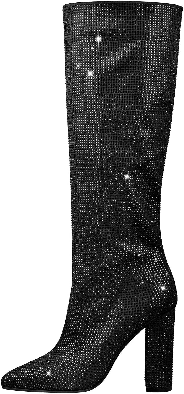 Vertundy Rhinestone Knee High Boots Women’s Pointed Toe