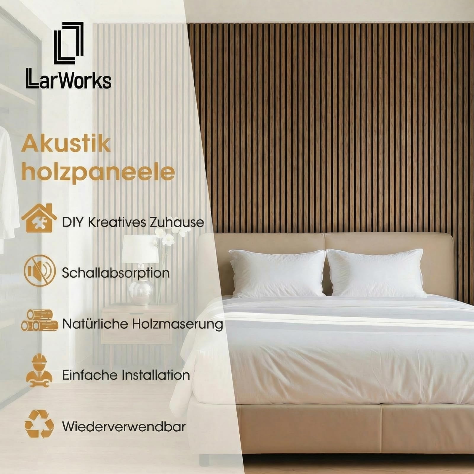 Akustikpaneele Holz 240x60cm, Teak, 4 Stück | Wandpaneele, Mit Holzfurnier & Filz, Für Zuhause & Büro, Für große Wandflächen