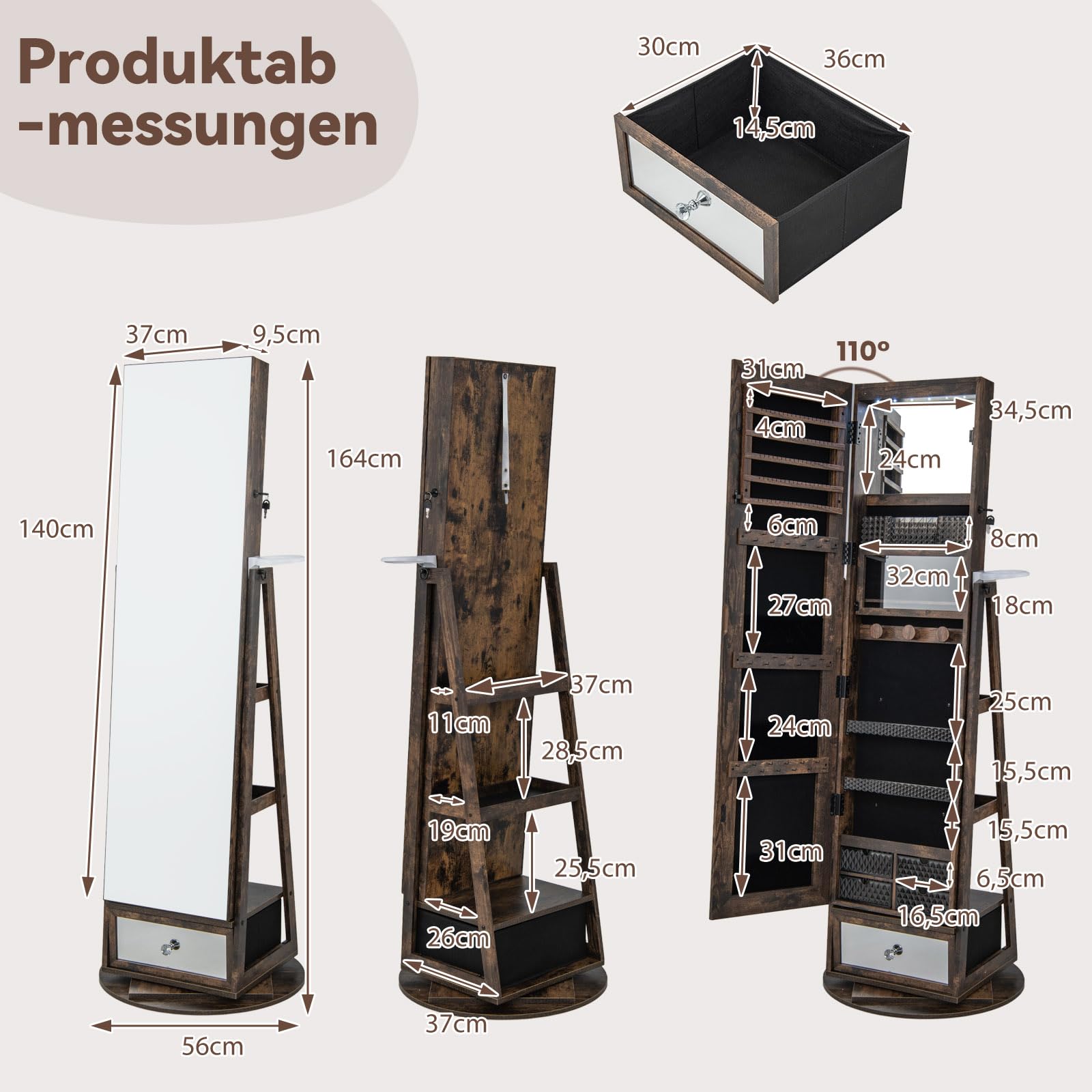 GOPLUS Sieradenkast met spiegel, draaibare spiegelkast met ledverlichting, sieradenspiegel met planken, sieradenopslag, wit GOPLUS Sieradenkast met spiegel, draaibare spiegelkast met ledverlichting, sieradenspiegel met planken, sieradenopslag, wit