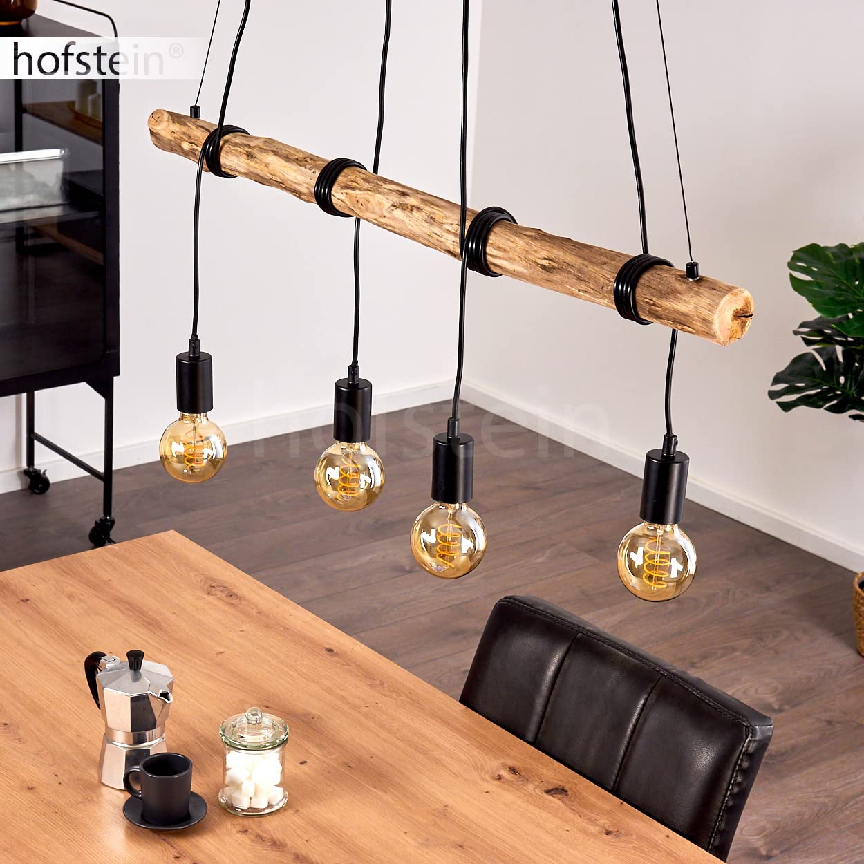 HOFSTEIN Pendelleuchte Tirana, moderne Hängeleuchte aus Metall/Holz in Schwarz/Natur, verstellbare Pendellampe im skandinavischen Design mit Holzstab, Höhe max. 174 cm, 4-flammig, 4 x E27