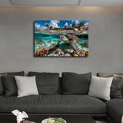 Miniatura 4 de Póster de tortuga marina verde nadando a través de los rayos del sol, fotos de tortugas marinas, imagen impresa en alta definición, póster retro