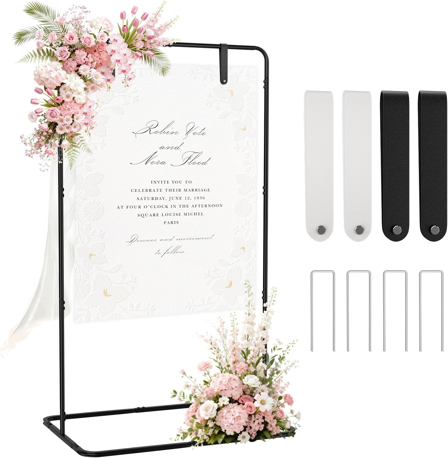 EMART Welcome Sign Stand, 68”x31”x 20”Wedding Sign Stand with 4 Leather Hanging Straps & 4 Reusable Ground Stakes, Gold Easel Stand Personalized for Party, Baby Shower, Graduation Ceremony, Exhibition