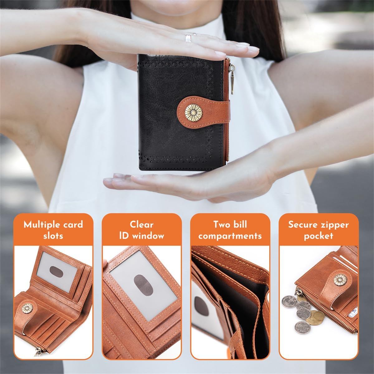 Small Wallet Women RFID Blocking Soft Leather Bifold Compact Card Holder Wallet for Women with Zipper Coin Pocket Black Brown - Image 2