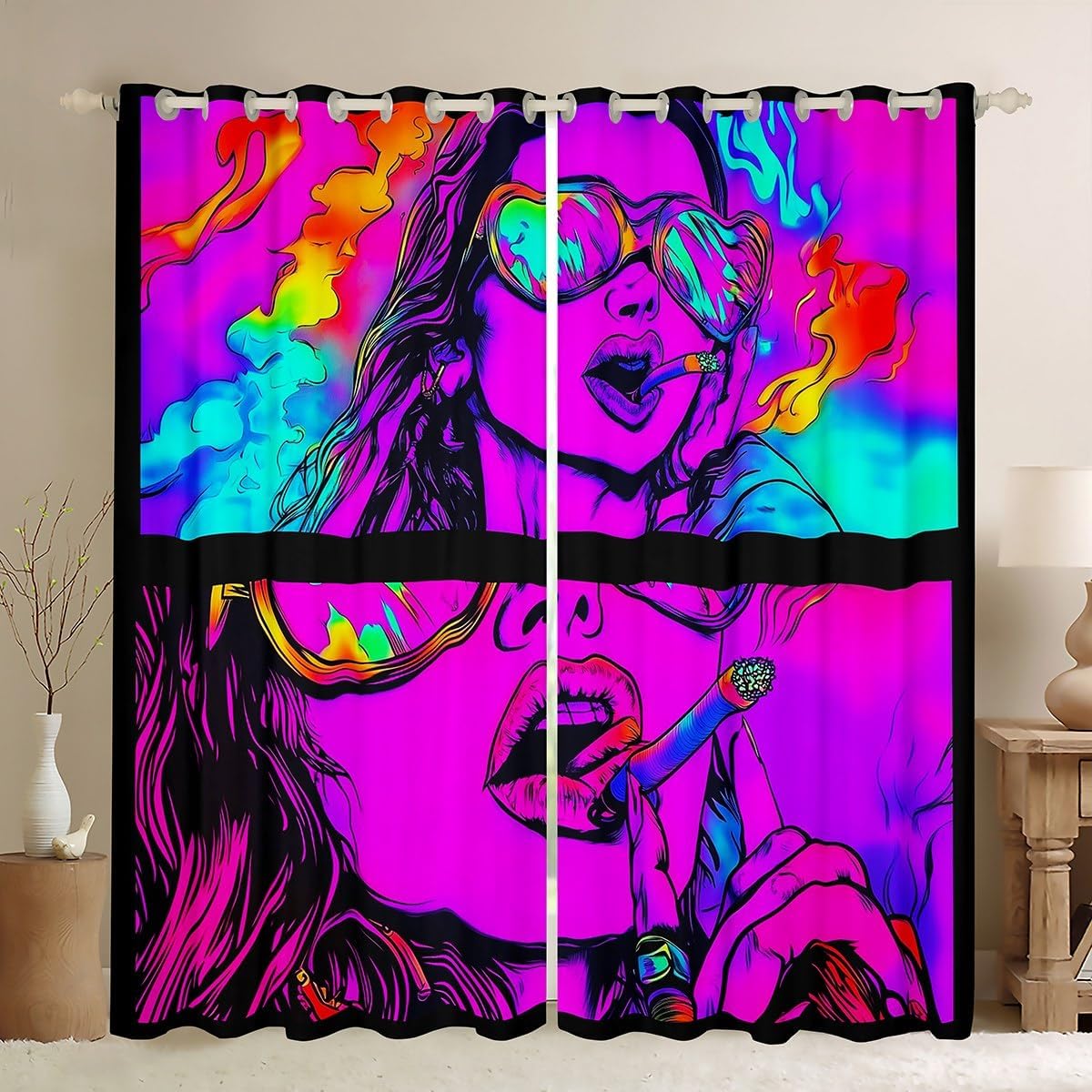 Sugar Skull Window Curtains,Trippy Mandala Style Curtains Colorful Lines Skeleton Window Treatment Curtain for Kids Teens Girls Boys Room Decor,Modern Black 2 Panels Set,38Wx45L