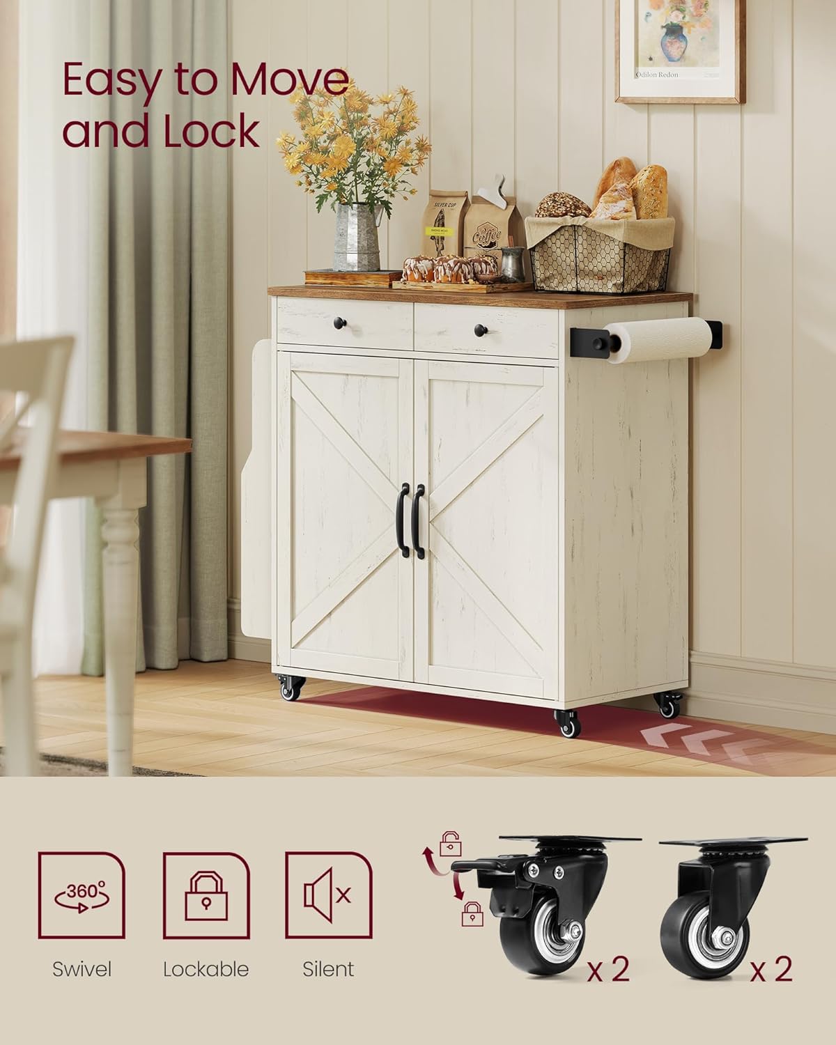 VASAGLE Mobile Kitchen Island, Portable Island with Spice Rack, Mobile Cart with Storage Cabinet, 17.7 x 36.5 x 36 Inches, for Dining Room, Rustic White and Honey Brown UKKI008W01