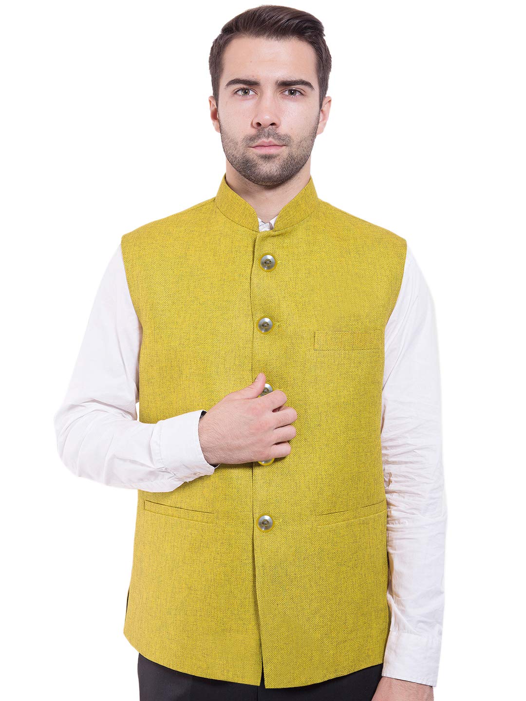 vastraa fusion Men's Blended Bandhgala Festive Nehru Jacket/Waistcoat/Vest - Yellow-picture-5