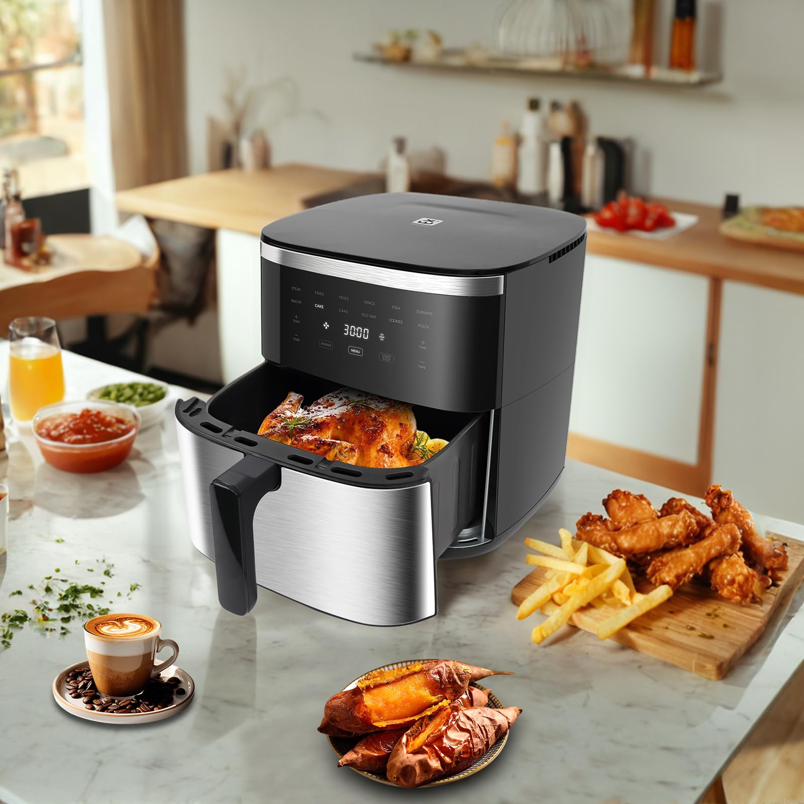 Friggitrice ad Aria 7 Litri, Airfryer Senza Olio con Touch Screen, Friggitrice XXL 1800W, Modalità Shake, One-Touch Display, Tempo e Temperatura Regolabili 80-200℃