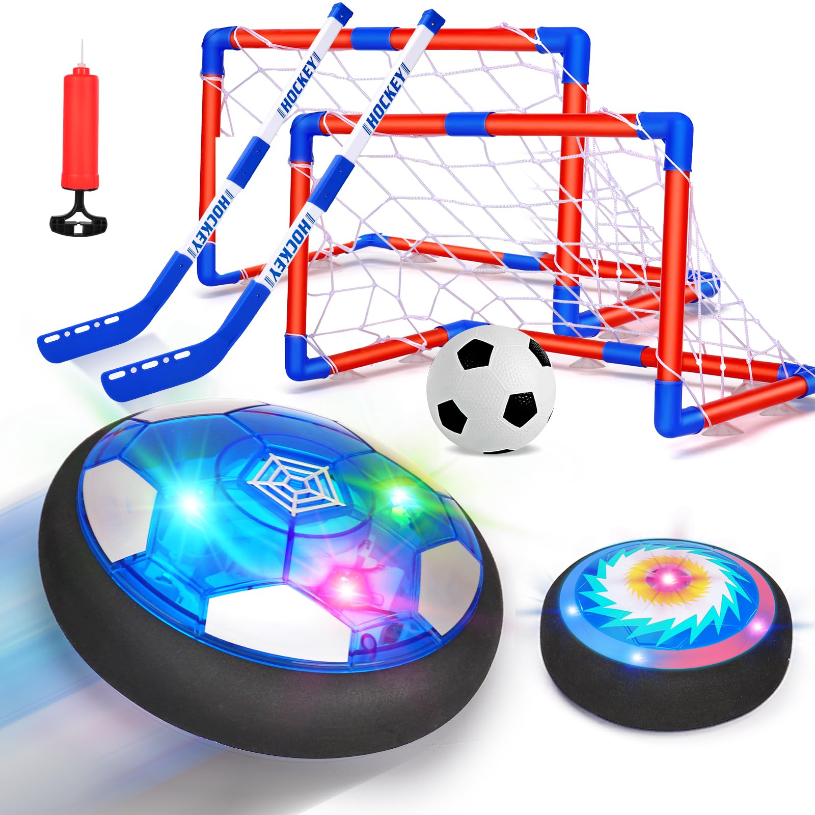 Qirptey 3 in 1 Hover Soccer Ball Toddler Hockey Set with LED Lights Indoor Toys for Kids Soccer Gift for Boys 6-8 8-12 Kids Sports Soccer Games 3 4 5