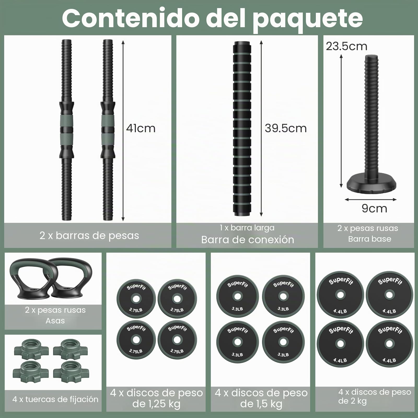 KOMFOTTEU Mancuernas Ajustables 4 en 1, Juego de Pesas para Gimnasio en Casa con Barras, Mancuernas, Kettlebells, Soporte para Flexiones, Entrenamiento de Fuerza para Hogar, Oficina