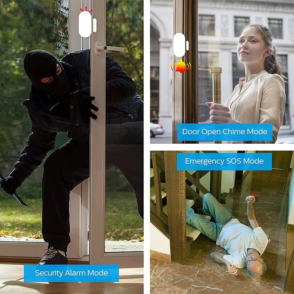 Collage of images showing different alarm modes: Security Alarm Mode with a burglar, Door Open Chime Mode with a person entering, and Emergency SOS Mode with a person fallen.