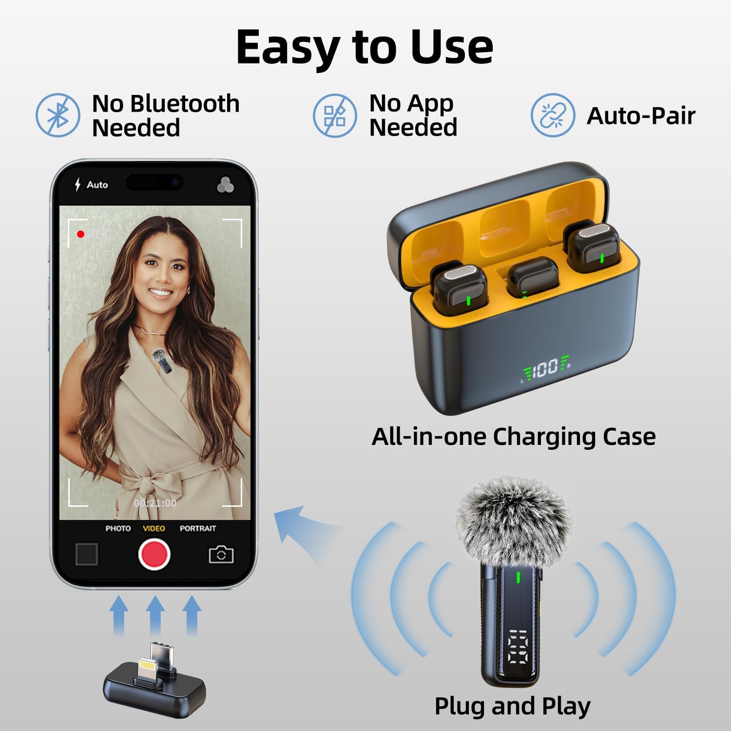 Wireless Lavalier Microphone for iPhone iPad Android - Clip On Mic with Charging Case, 24H Battery Life, Noise Reduction, Lapel Microphone for Video Recording