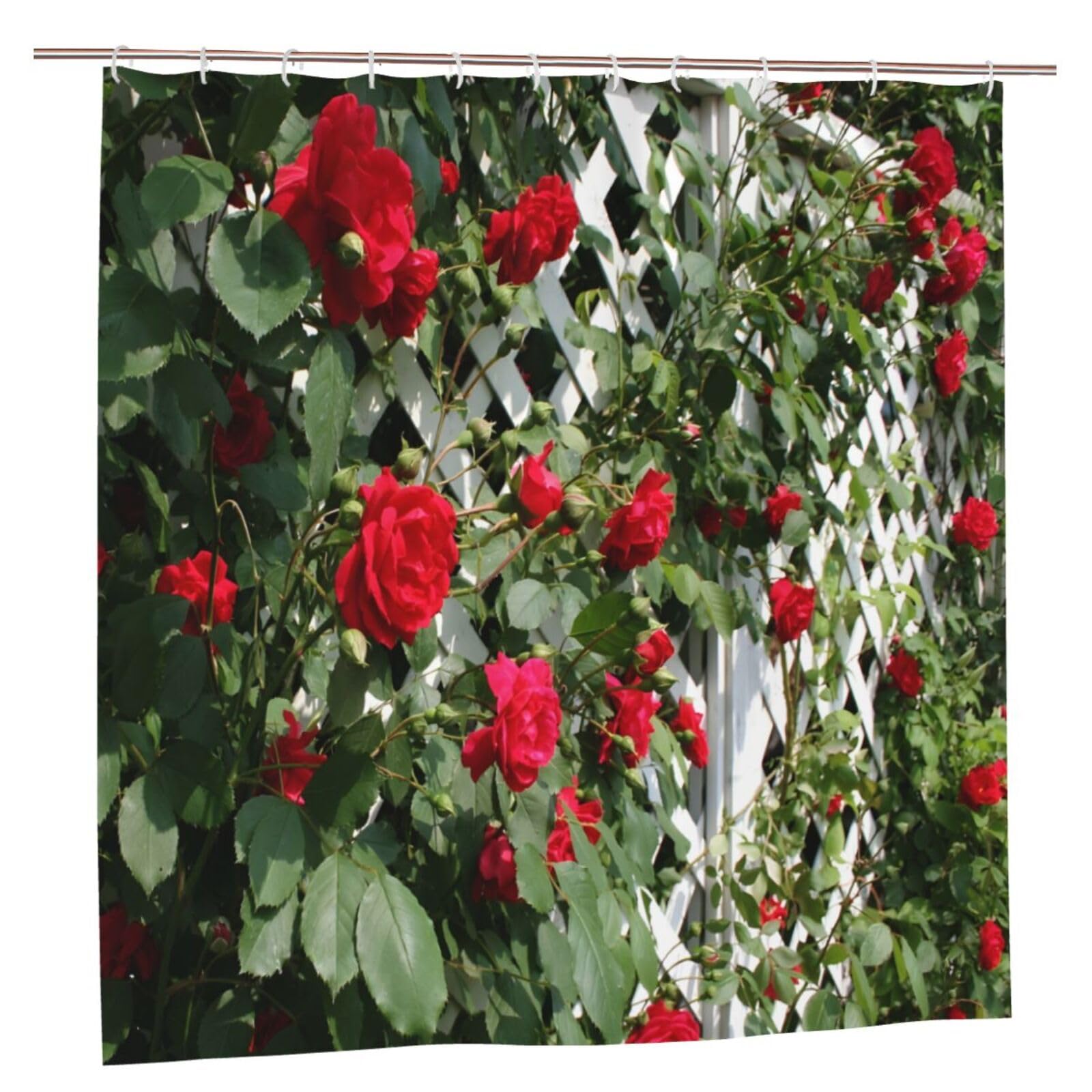 YUAOEUR 3D Garden Shower Curtain 60x72 Inch Red Rose Flower And Green Leaf Picture Outdoor Garden Green Trees Bathroom Personalized Decor Fabric with Hook