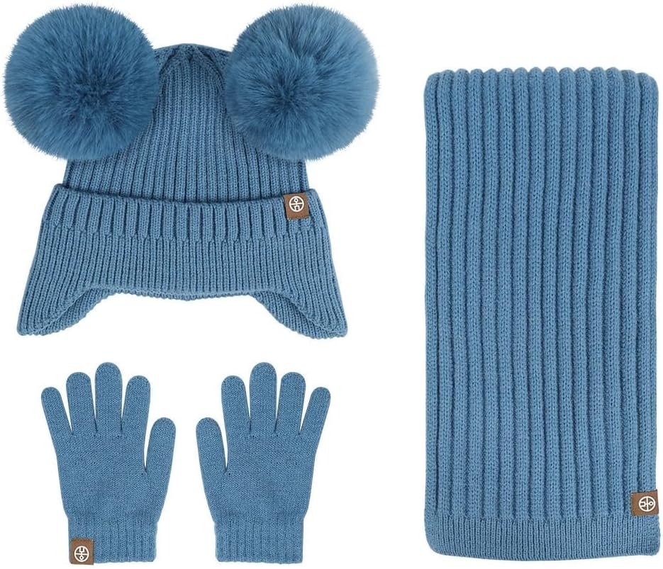 3Pcs Kids Winter Knit Hat Scarf Gloves Set Neck Warmer for 2-8 Years Old Boys Girls Kids Hat and Gloves Set(Blue)