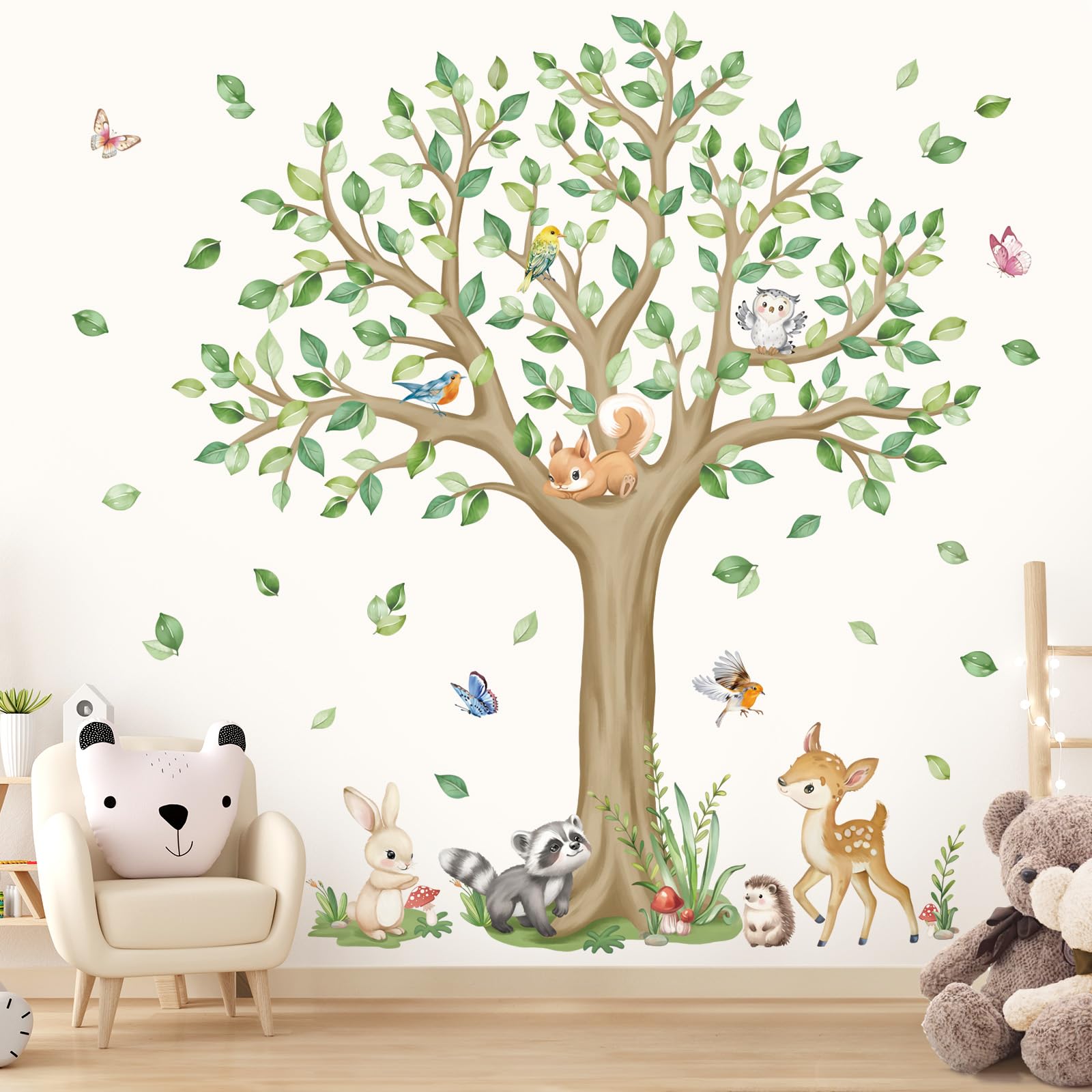 wondever Large Woodlands Animals Tree Wall Stickers Deer Squirrel Owl Peel and Stick Wall Art Decals for Kids Bedroom Baby Nursery