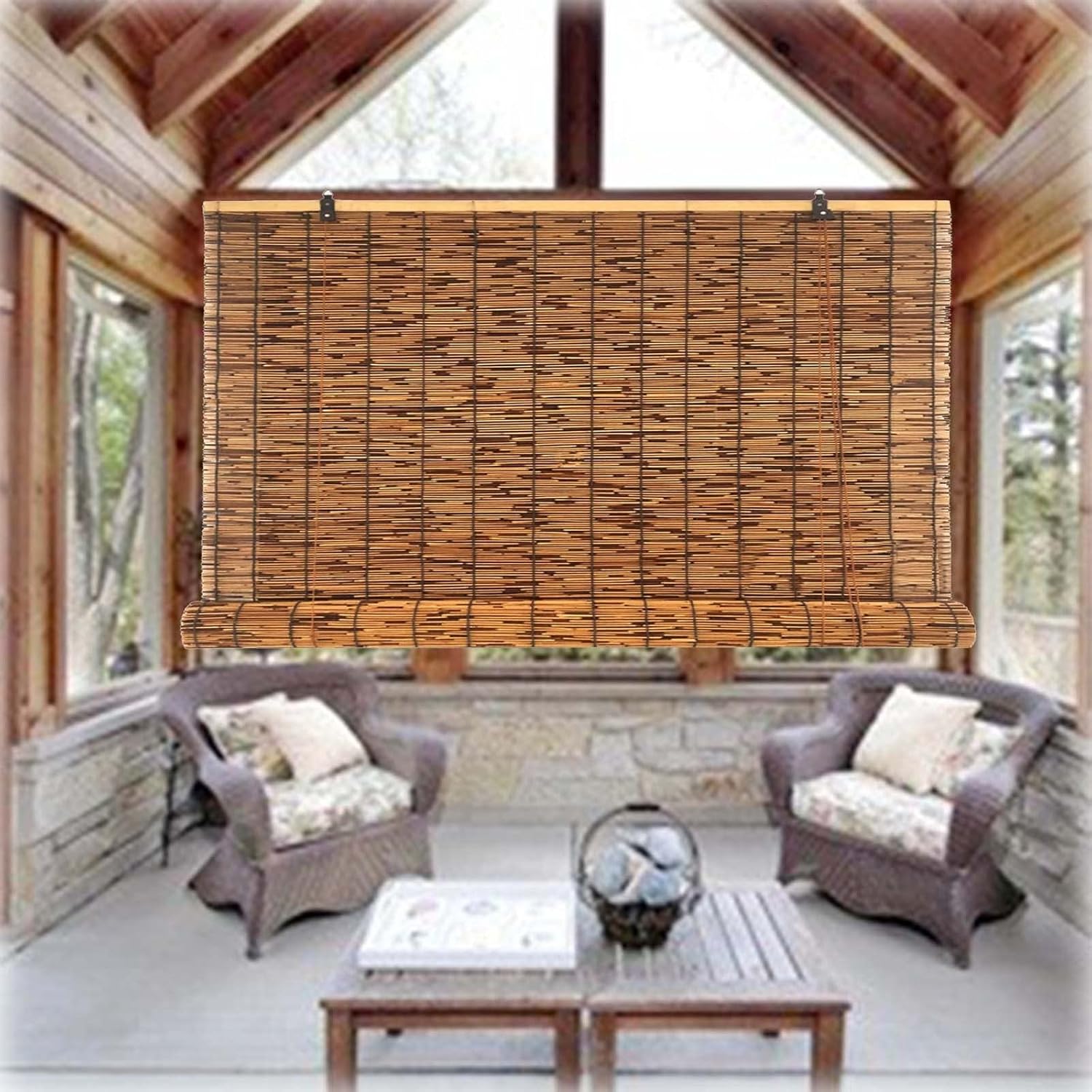 Cordless Bamboo Shades for Patio 34 48 72 84 96 inch Wide, Light Filtering Indoor