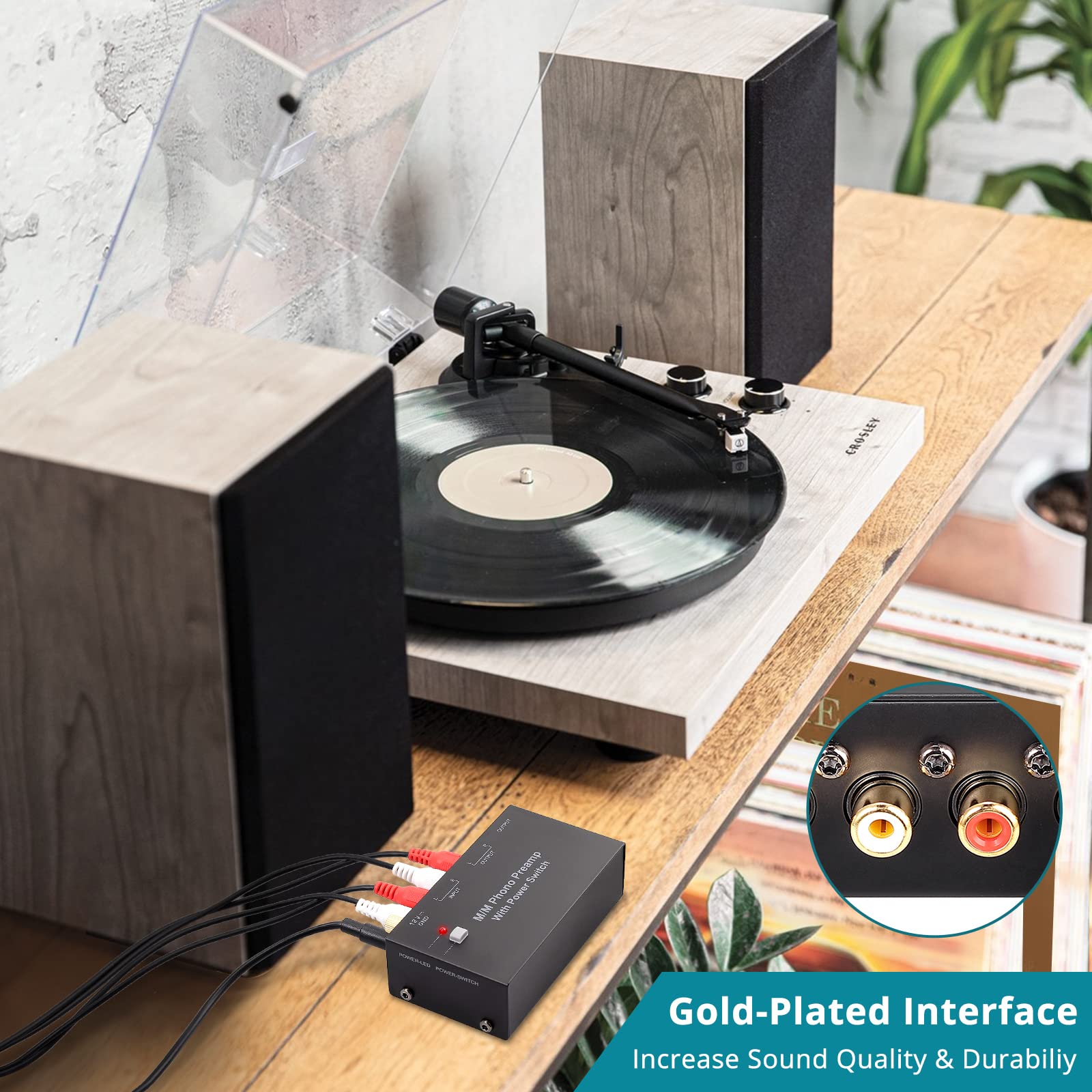 Préampli Phono Mini Préamplificateur Phono M/M avec Adaptateur DC 12V Préamplificateur Stéréo Métal à Faible Sortie pour RCA Entrée & Sortie 1/4" TRS Préamplificateur de Tourne-Disque